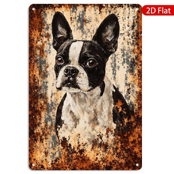 8x12 Inch Metal Wall Art, Vintage Distressed Boston Terrier Dog Portrait Rusty Grunge Background Rectangular Tin Style Decor 1pc for Home Kitchen Living Room