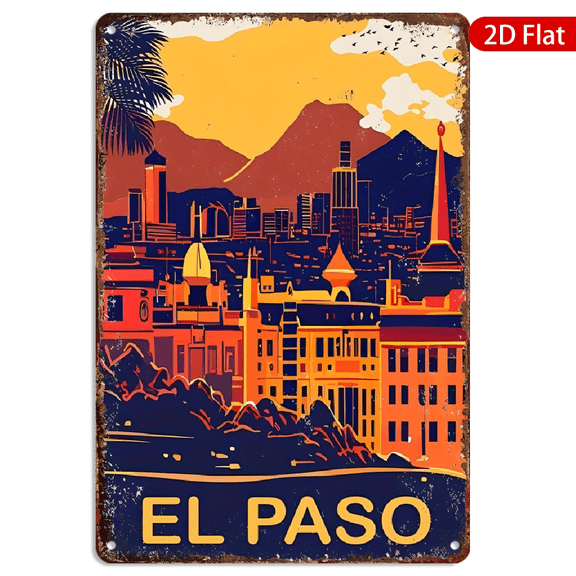 8x12 Inch Metal Wall Art, Vintage El Paso Travel Poster Featuring Cityscape and Mountains, Rustic Retro Decor Sign for Home Living Room Bedroom Office 1pc