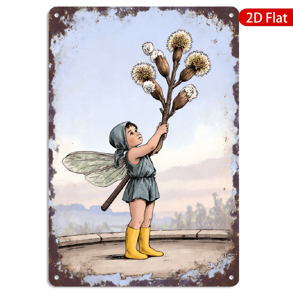 8x12 Inch Metal Wall Art, Vintage Fairy With Dandelion Seeds On Stone Ledge Rustic Tin Style Wall Decor 1pc for Home Living Room Kitchen