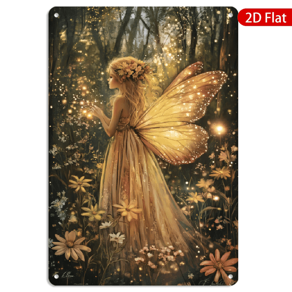 8x12 Inch Metal Wall Art, Vintage Fairy in Enchanted Forest Floral Scene Tin Style Wall Decor 1pc for Home Bedroom Living Room
