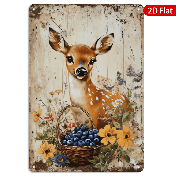 8x12 Inch Metal Wall Art, Vintage Fawn with Blueberries Floral Design Rustic Farmhouse Decor 1pc for Home Kitchen Living Room