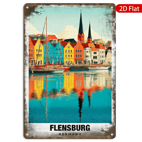 8x12 Inch Metal Wall Art, Vintage Flensburg Germany Waterfront Harbor Poster Decor, Colorful European Architecture Landscape Print for Home Office Wall Decoration 1pc