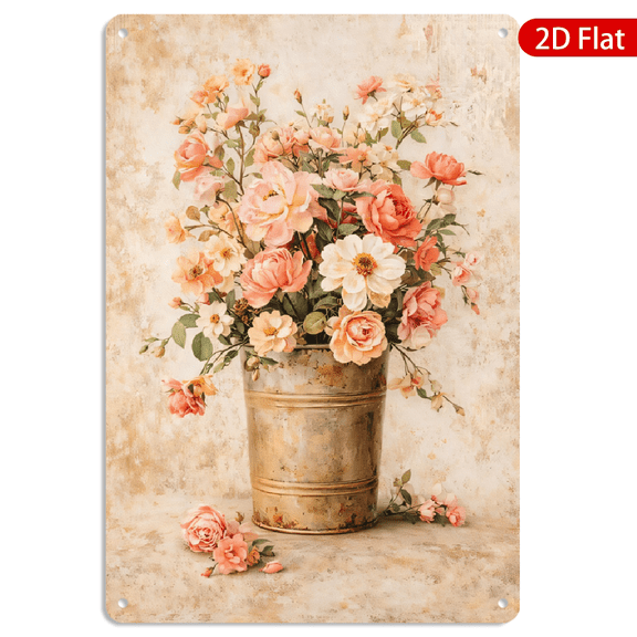 8x12 Inch Metal Wall Art, Vintage Floral Bouquet in Rustic Galvanized Bucket Artwork, Tin Metal Decorative Wall Sign 1pc for Home Kitchen Living Room