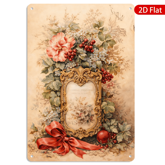 8x12 Inch Metal Wall Art Vintage Floral Picture Frame Design Ornate Gold Scrollwork with Ribbon Decor 1pc for Home Kitchen Living Room