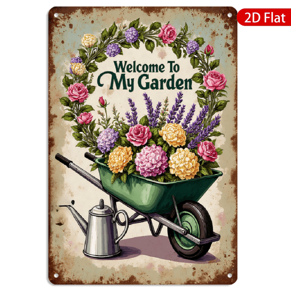 8x12 Inch Metal Wall Art, Vintage Garden Wheelbarrow Floral Sign, Rustic Decorative Metal Plate for Home Garden Wall Decor, 1pc