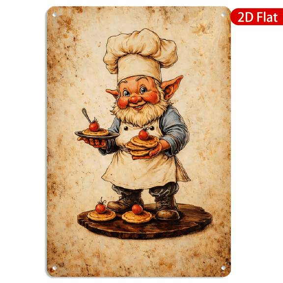 8x12 Inch Metal Wall Art Vintage Gnome Chef Pancake Illustration Tin Style Farmhouse Decor 1pc for Kitchen Cafe Wall Decor