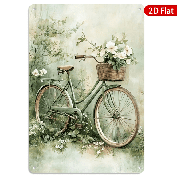8x12 Inch Metal Wall Art Vintage Green Bicycle with Flower Basket Rustic Garden Decor 1pc for Home Living Room Wall Decor
