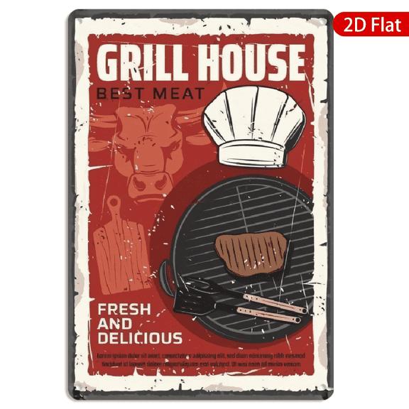 8x12 Inch Metal Wall Art, Vintage Grill House Barbecue Theme with Steak and Chef Hat Design, Rustic Distressed Metal Sign for Kitchen Restaurant Decor 1pc