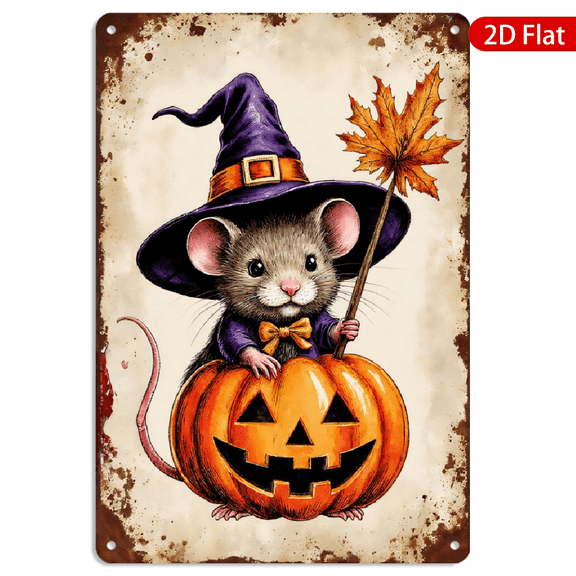 8x12 Inch Metal Wall Art, Vintage Halloween Mouse with Witch Hat and Pumpkin Decor, Rustic Autumn Wall Sign for Home Kitchen 1pc