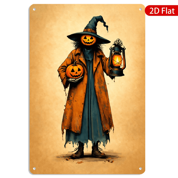 8x12 Inch Metal Wall Art Vintage Halloween Witch Jack O Lantern Lantern Decor Tin Metal 1pc for Home Wall Door Patio