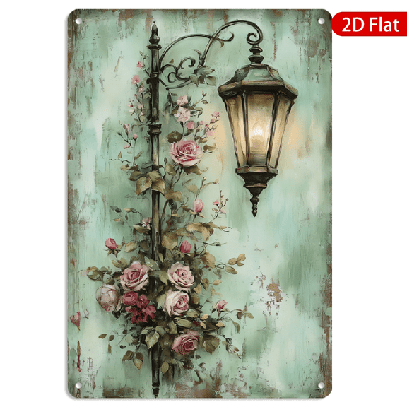 8x12 Inch Metal Wall Art, Vintage Lamppost and Pink Rose Garden Design, Rustic Distressed Decor for Living Room or Bedroom 1pc