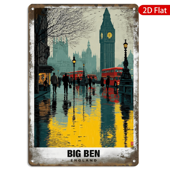 8x12 Inch Metal Wall Art, Vintage London Big Ben Street Scene with Rainy Reflections, Retro Poster Style Decorative Sign, Durable Metal Wall Decor for Home Office Cafe, 1pc