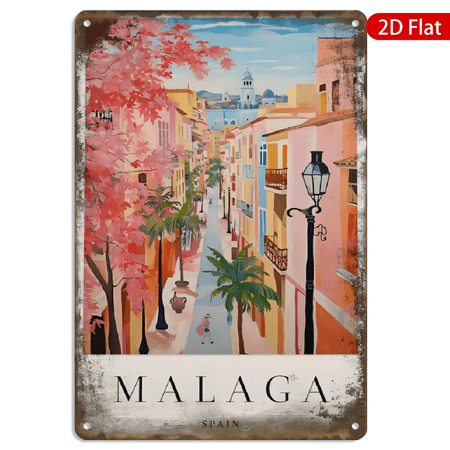8x12 Inch Metal Wall Art, Vintage Malaga Spain Travel Poster Featuring Sun Drenched Street Scene with Pink Trees and Cathedral, Retro Distressed Metal Decor for Home Living Room 1pc