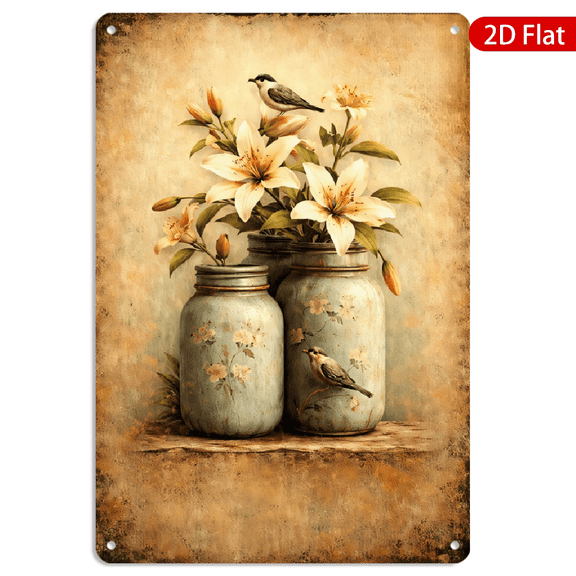 8x12 Inch Metal Wall Art, Vintage Mason Jar Floral Birds Illustration on Parchment Background, Tin Style Rustic Farmhouse Decor, Rectangular 1pc for Home Kitchen Living Room