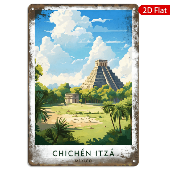 8x12 Inch Metal Wall Art, Vintage Mayan Pyramid of Chichen Itza Mexico Travel Poster Aesthetic Retro Decoration, Durable Metal Sign 1pc for Home Office Wall Decor