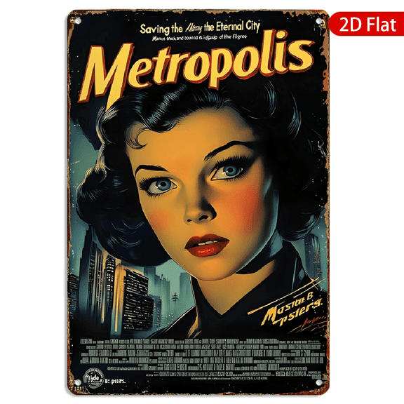 8x12 Inch Metal Wall Art, Vintage Metropolis Movie Poster Sci Fi Cityscape Retro Design Rectangular Decorative Sign 1pc for Home Bar Office Wall Decor