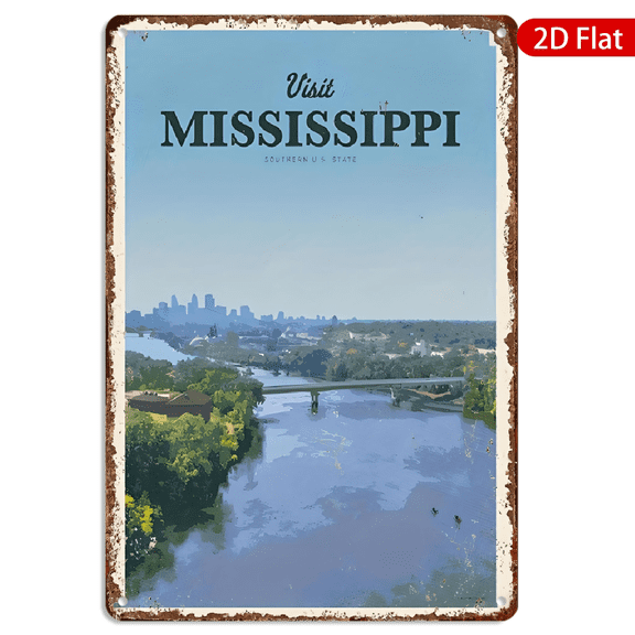 8x12 Inch Metal Wall Art, Vintage Mississippi Travel Poster with River and Cityscape Scenic Design, Rustic Decorative Metal Sign 1pc for Home Office Wall Decor