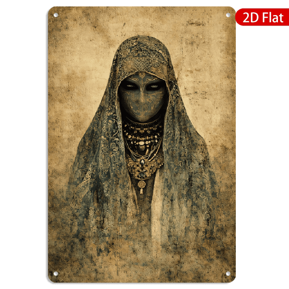 8x12 Inch Metal Wall Art, Vintage Mystical Mask Portrait with Glow Eyes and Ornate Jewelry Rectangular Tin Metal Decor 1pc for Home Wall Bedroom Living Room