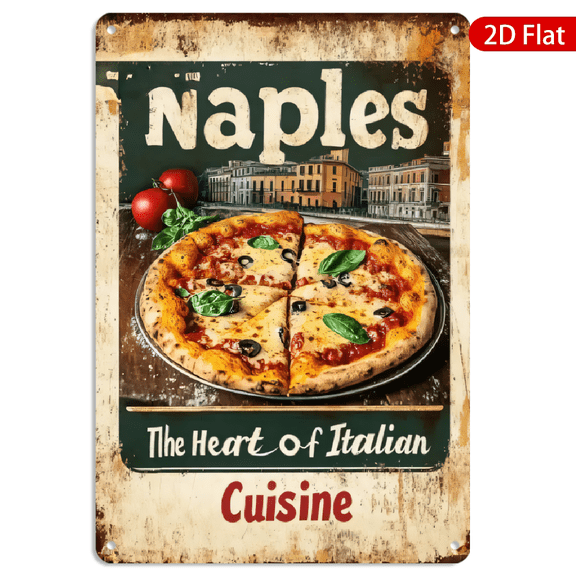 8x12 Inch Metal Wall Art, Vintage Naples Italy Pizza Illustration Decor, Rustic Distressed Metal Sign 1pc for Kitchen Home Wall Decoration