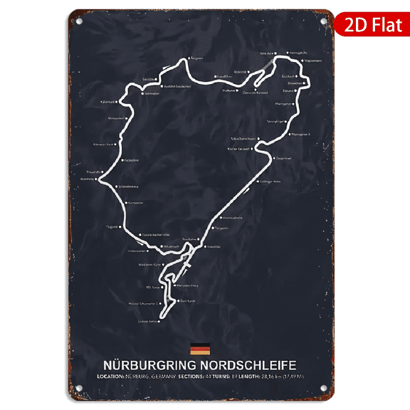 8x12 Inch Metal Wall Art, Vintage Nurburgring Nordschleife Race Track Map Design Rustic Decor 1pc for Garage Man Cave Automotive Wall Decoration