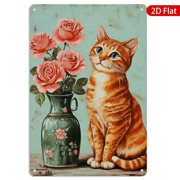 8x12 Inch Metal Wall Art, Vintage Orange Tabby Cat with Pink Roses Floral Design, Rectangular Wall Decor for Home Living Room 1pc