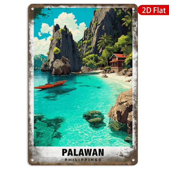 8x12 Inch Metal Wall Art, Vintage Palawan Philippines Tropical Beach Travel Poster with Limestone Cliffs and Outrigger Boats Decor, Rectangular Metal Sign 1pc for Home Office Wall Decoration