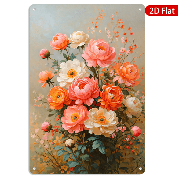 8x12 Inch Metal Wall Art Vintage Peony Flower Bouquet Rectangular Floral Tin Style Decor 1pc for Home Living Room Kitchen