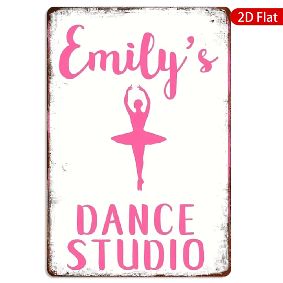 8x12 Inch Metal Wall Art, Vintage Pink Emily's Dance Studio Silhouette Decor, Weathered Retro Style Rectangular Hanging Sign for Girls Bedroom or Dance Room, 1pc