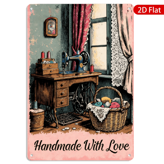 8x12 Inch Metal Wall Art, Vintage Sewing Corner Design with Handmade With Love Script, Retro Style Decorative Sign for Craft Room Sewing Studio Decor 1pc