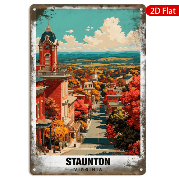 8x12 Inch Metal Wall Art, Vintage Staunton Virginia Travel Poster with Historic Brick Buildings and Autumn Scenery Retro Wall Decor for Home Office 1pc