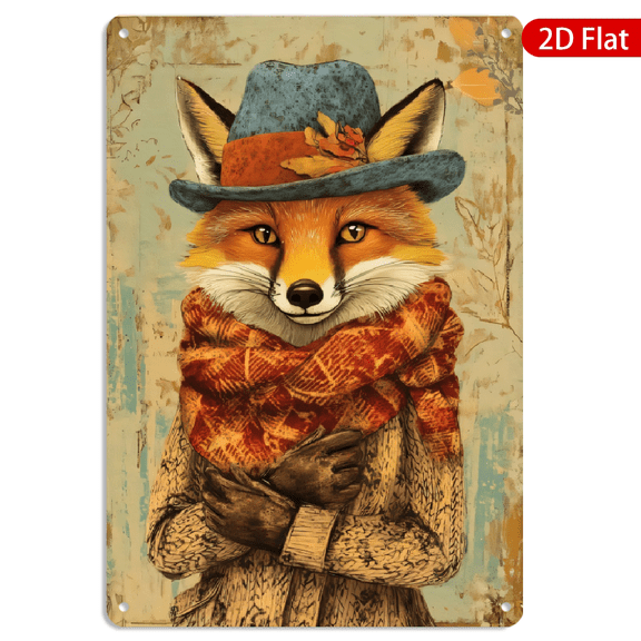 8x12 Inch Metal Wall Art, Vintage Storybook Fox Autumn Outfit Rectangular Tin Metal Decor 1pc for Home Living Room Kitchen