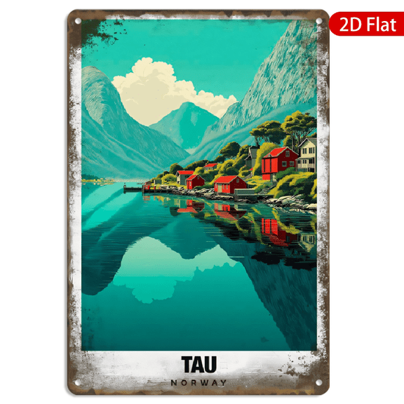 8x12 Inch Metal Wall Art, Vintage Tau Norway Fjord Landscape Poster with Traditional Red Houses and Mountains Decor, Rectangular Decorative Sign for Home Living Room 1pc