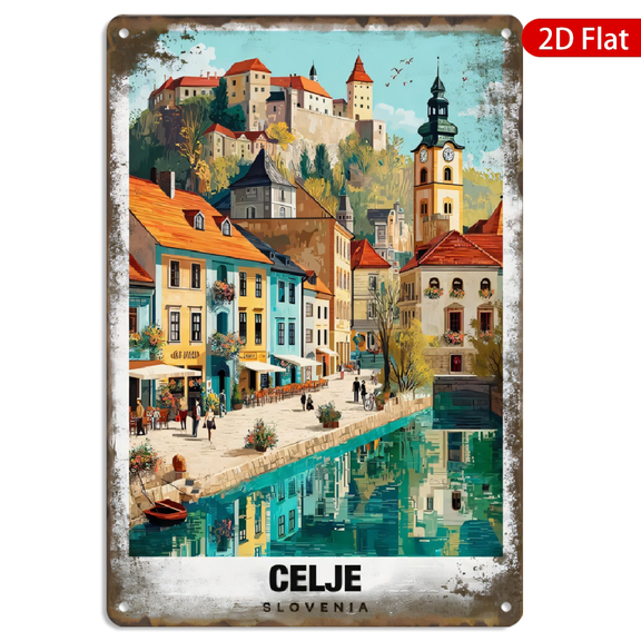 8x12 Inch Metal Wall Art, Vintage Travel Poster of Celje Slovenia Riverside Castle Landscape, Rustic Retro Decor Sign for Home Kitchen Office Wall 1pc