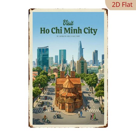 8x12 Inch Metal Wall Art, Vintage Travel Poster of Ho Chi Minh City Vietnam with Cathedral Landmark Design, Rectangular Metal Decor 1pc for Home Office Cafe Wall Decoration