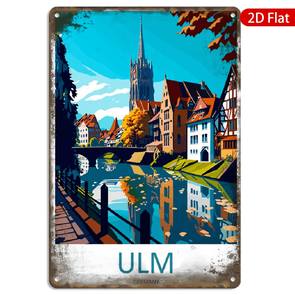 8x12 Inch Metal Wall Art, Vintage Ulm Germany Travel Poster Featuring Gothic Cathedral and Riverside Architecture, Retro Autumn Landscape Decor for Home Office 1pc