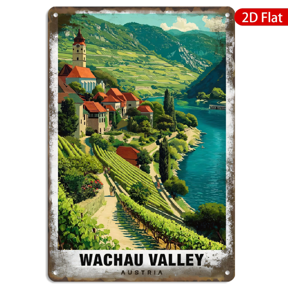 8x12 Inch Metal Wall Art, Vintage Wachau Valley Austria Travel Poster Landscape Vineyard River Scene Retro Tin Plaque Rustic Decor 1pc