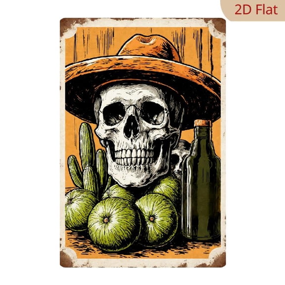 8x12 Inch Metal Wall Art, Vintage Western Skull with Cactus and Bottle Graphic Retro Decor 1pc for Home Bar Pub Kitchen Wall Decoration