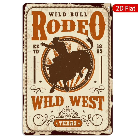 8x12 Inch Metal Wall Art, Vintage Wild Bull Rodeo Western Style Rustic Decor, Distressed Cowboy Bull Riding Illustration Sign for Home Bar Office Wall Decoration 1pc