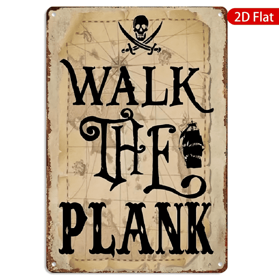 8x12 Inch Metal Wall Art, Walk The Plank Pirate Map Design with Skull and Crossbones, Rustic Weathered Nautical Decor for Home Bar Pub Wall Decoration 1pc