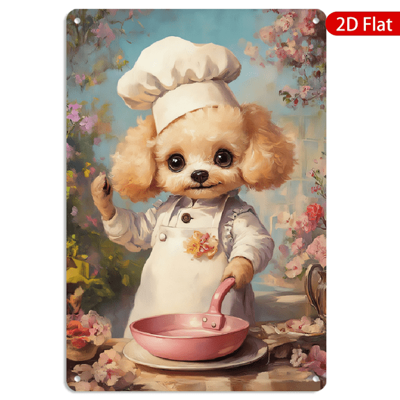 8x12 Inch Metal Wall Art, Whimsical Chef Poodle Painting Garden Kitchen Decor, Retro Style Rectangular Hanging Sign for Home Wall 1pc