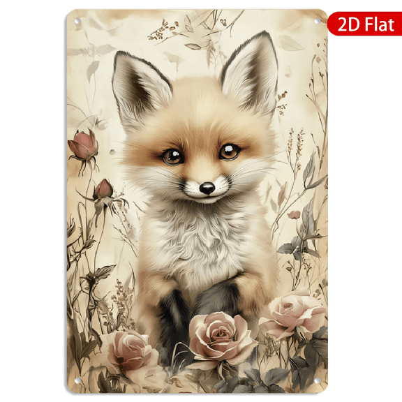 8x12 Inch Metal Wall Art, Whimsical Fox Cub Surrounded by Flowers Vintage Style Decor, 1pc Rustic Botanical Sign for Living Room Bedroom