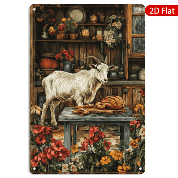 8x12 Inch Metal Wall Art, Whimsical Goat and Rustic Kitchen Bread Scene Vintage Decor, 1pc for Farmhouse Kitchen Wall Decoration