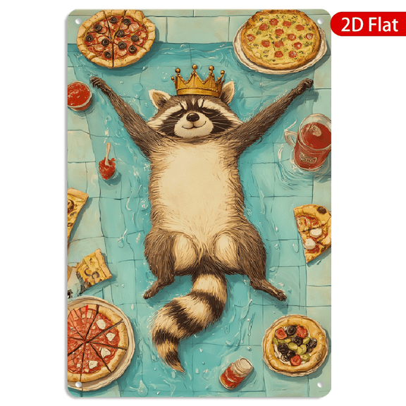 8x12 Inch Metal Wall Art, Whimsical Raccoon Wearing Crown Floating with Pizza in Pool Design, Rectangular Tin Sign Decor 1pc for Home Office