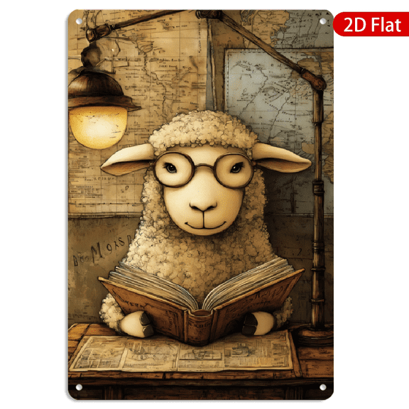 8x12 Inch Metal Wall Art, Whimsical Reading Sheep with Maps Illustration Retro Decor 1pc for Home Office Library Wall Decoration