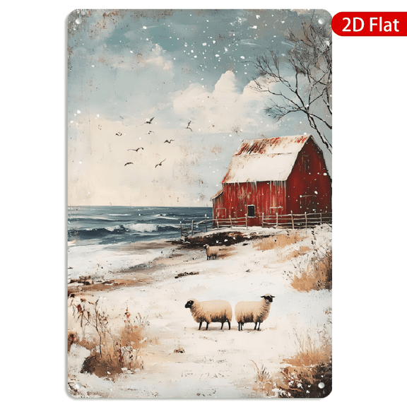 8x12 Inch Metal Wall Art, Winter Coastal Landscape with Sheep and Red Barn Design, Rustic Decor 1pc for Home Kitchen Living Room