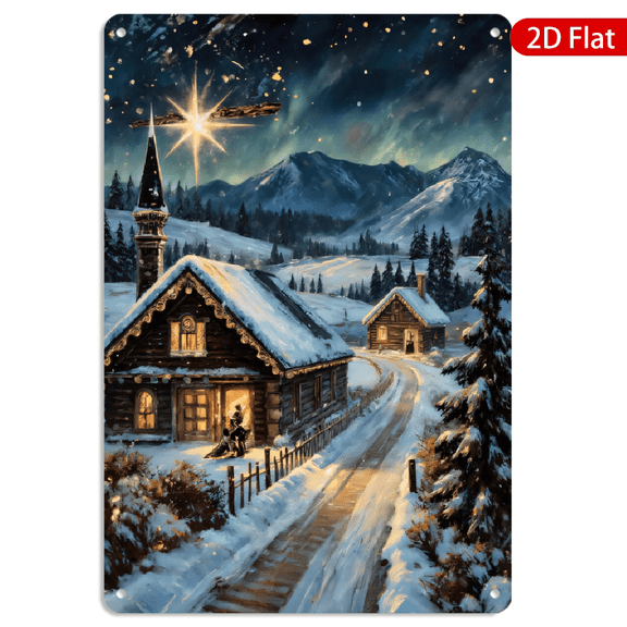 8x12 Inch Metal Wall Art, Winter Mountain Village Snowy Cabin Night Scene Decorative Sign, Rustic Christmas Landscape Decor, 1pc for Holiday Home Living Room