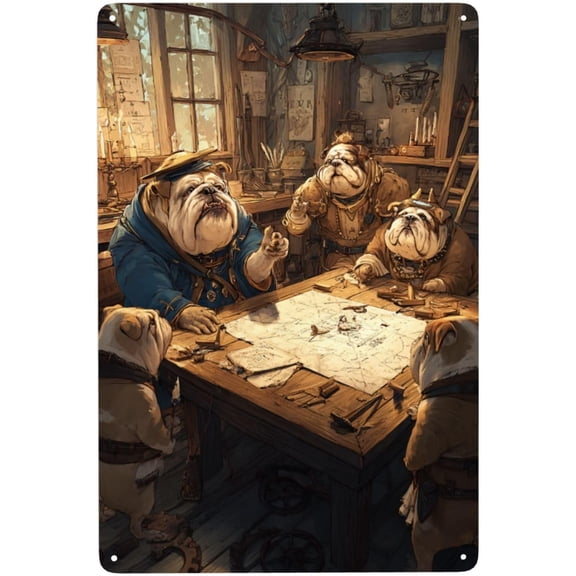 8x12 Inch Metal Wall Plaque, Anthropomorphic Bulldog Workshop Art Tin Sign, Indoor Outdoor Hanging Sci-Fi Decor