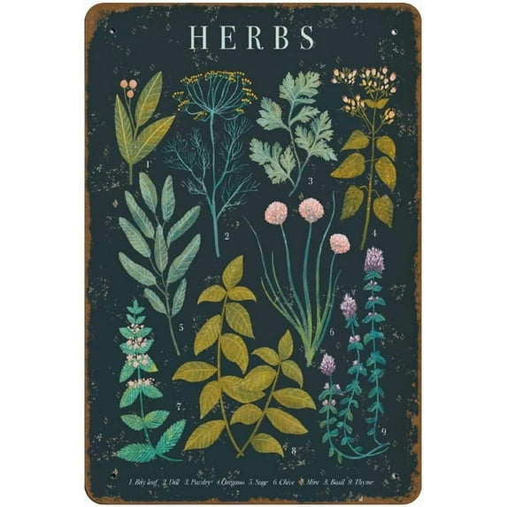 8x12 Inch Printable Herbs Wall Art Botanical Dining Room Kitchen Wall Art Kitchen Decor Farmhouse Wall Art Garden Lovers Herb Garden Novelty Tin Metal Sign Plaque Bar Pub Vintage Retro Wall Decor