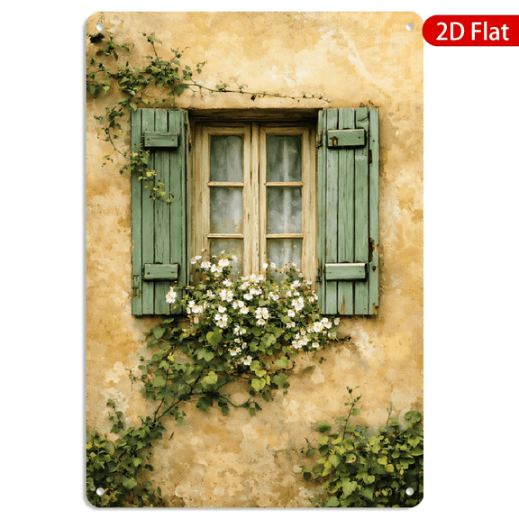 8x12 Inch Rectangular Metal Wall Art Vintage Cottage Window with Flowers and Ivy Rustic Garden Wall Decor 1pc for Home Living Room Bedroom