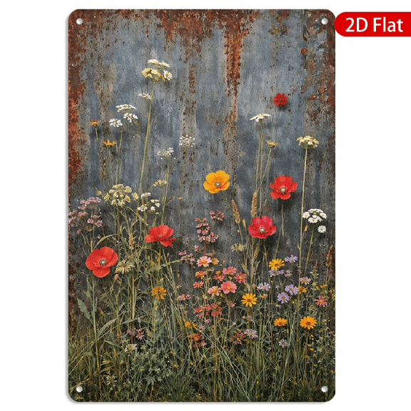 8x12 Inch Rectangular Metal Wall Art, Vintage Rustic Wildflowers on Rusted Corrugated Sheet Background, Floral Industrial Decor 1pc for Home Living Room Kitchen